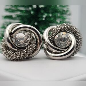 ✨2/$10✨ Twisted Silver Earrings Clear Crystal Round Oval Mesh